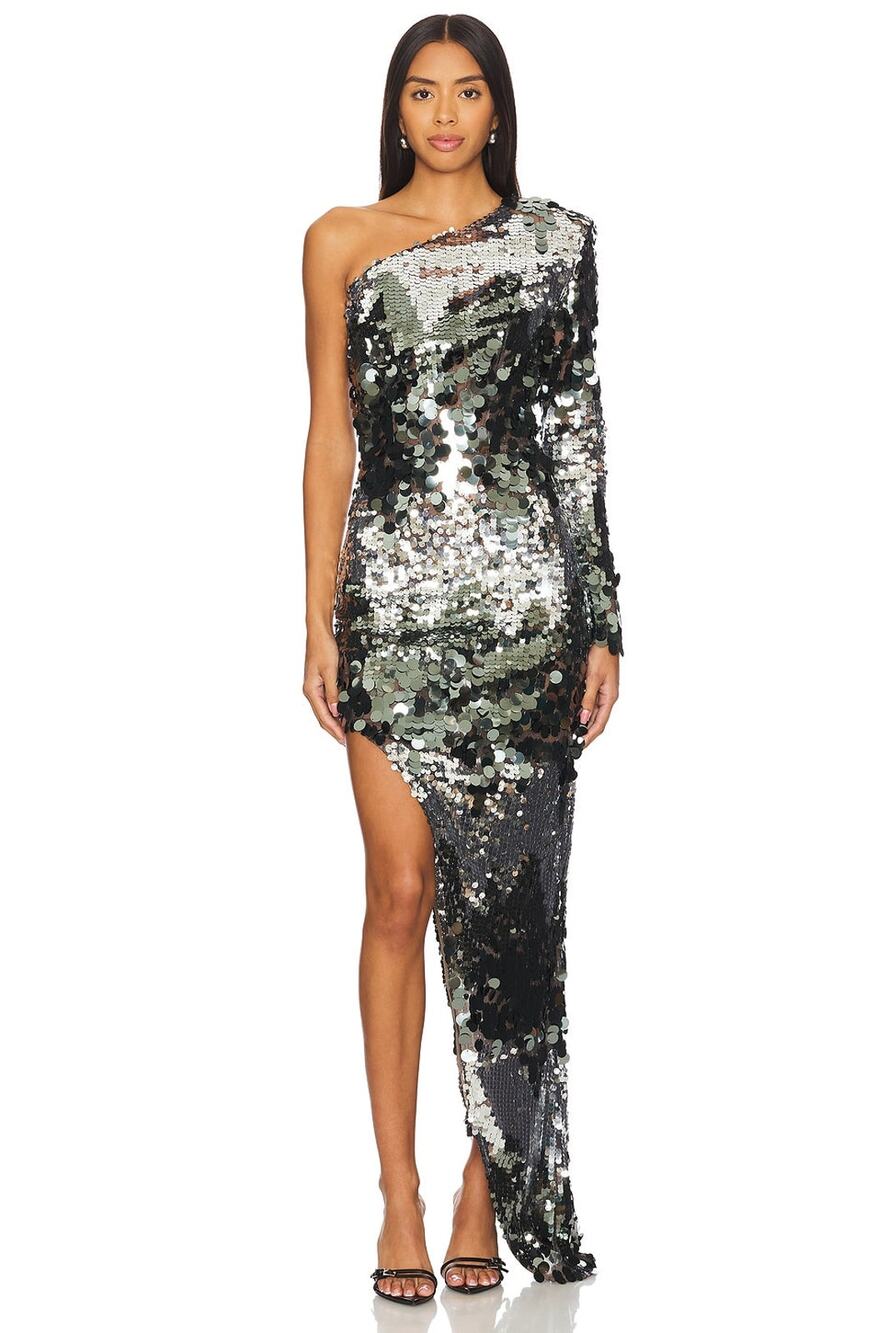 Bronx and Banco Farah One Shoulder Gown in Black & Silver